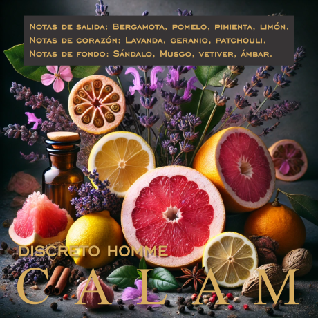 Notas olfativas de CALAM Discreto Homme con ilustraciones de bergamota, pomelo, limón, lavanda, geranio, especias y maderas